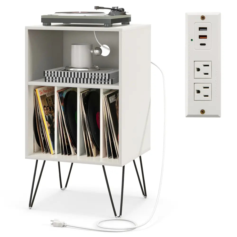Record Player Stand with Charging Station for Living Room Bedroom-White - White - End & Side Tables