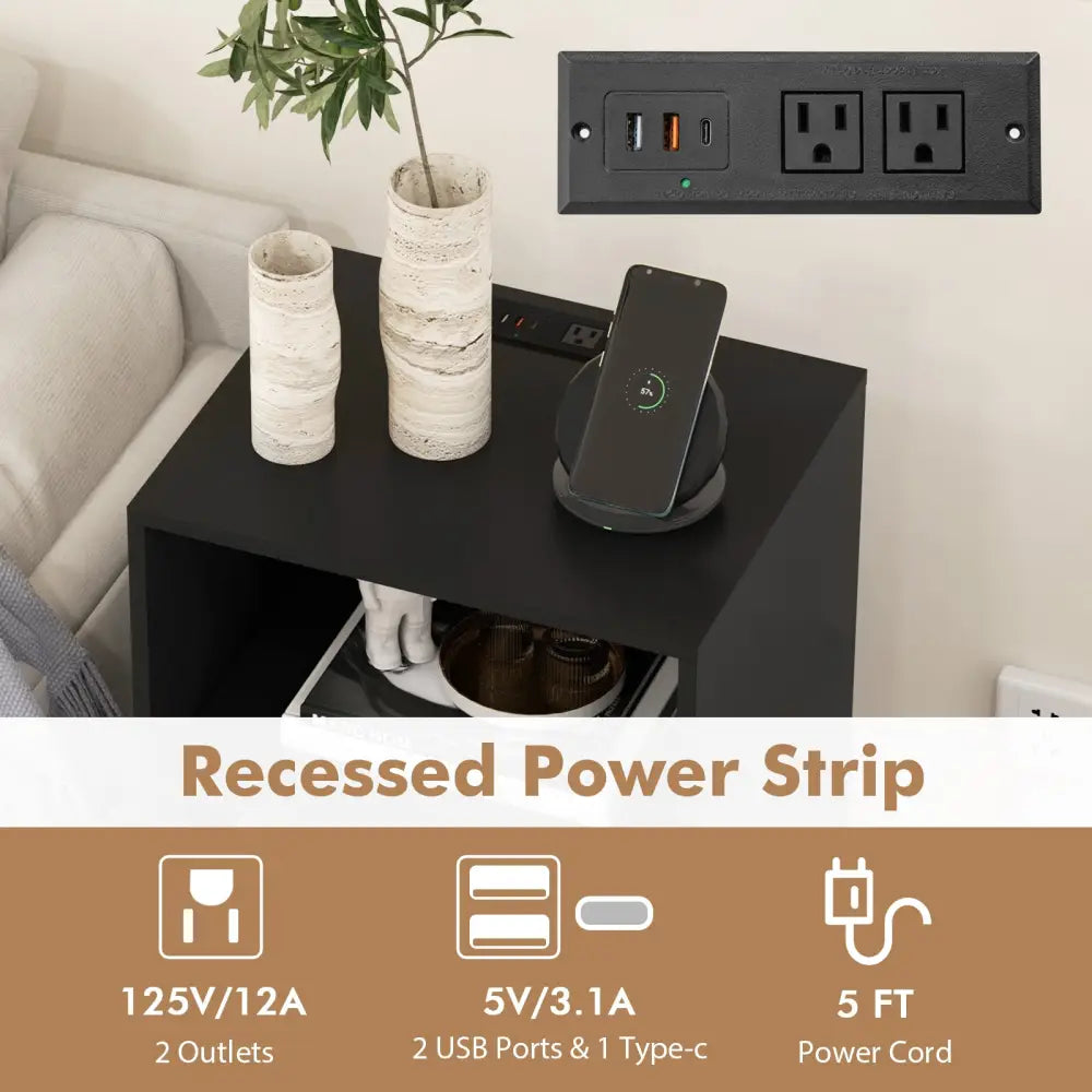 Record Player Stand with Charging Station for Living Room Bedroom-Black - Black - End & Side Tables