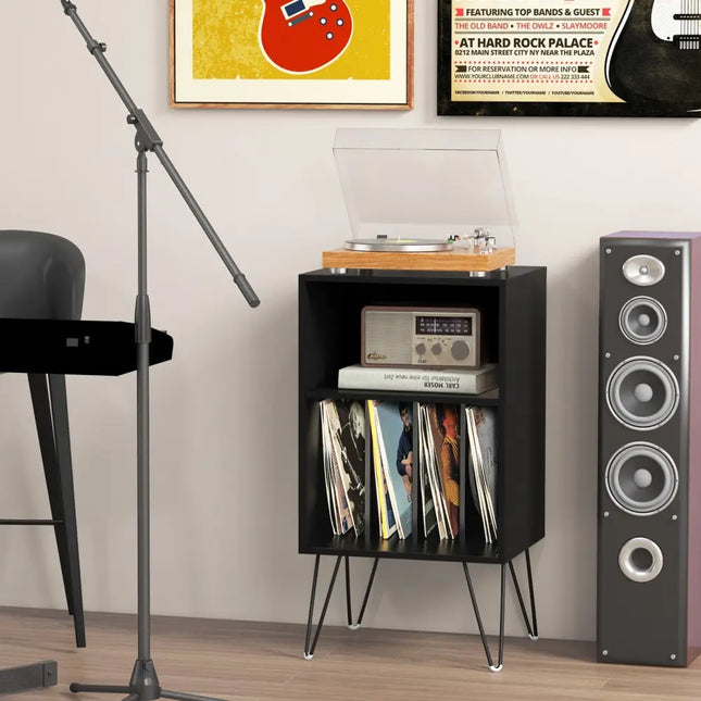 Record Player Stand with Charging Station for Living Room Bedroom-Black - Black - End & Side Tables