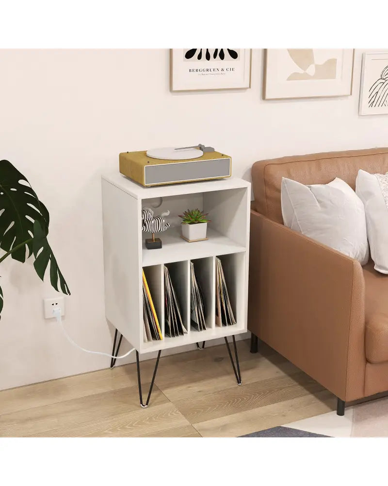 Record Player Stand with Charging Station for Living Room Bedroom-White - White - End & Side Tables