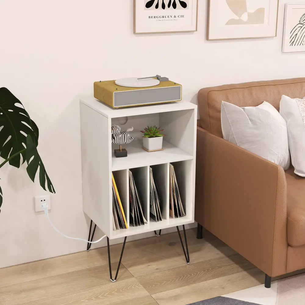 Record Player Stand with Charging Station for Living Room Bedroom-White - White - End & Side Tables