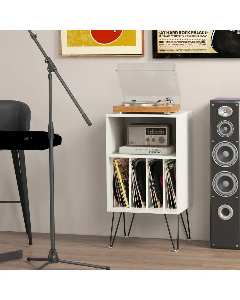 Record Player Stand with Charging Station for Living Room Bedroom-White - White - End & Side Tables