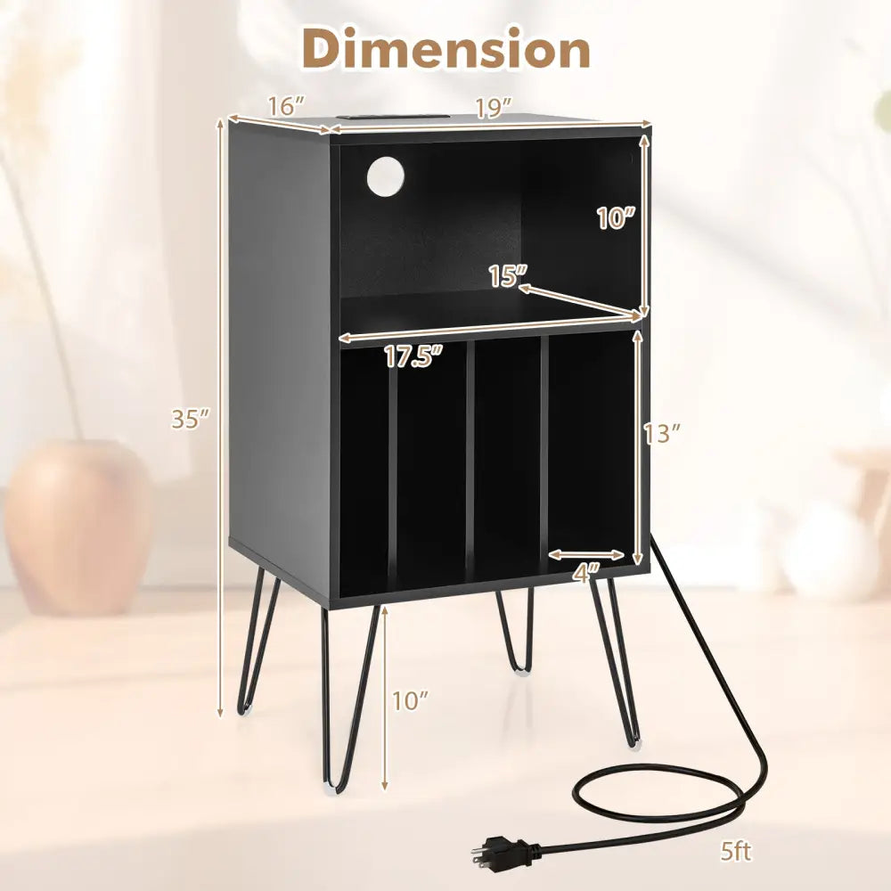 Record Player Stand with Charging Station for Living Room Bedroom-Black - Black - End & Side Tables