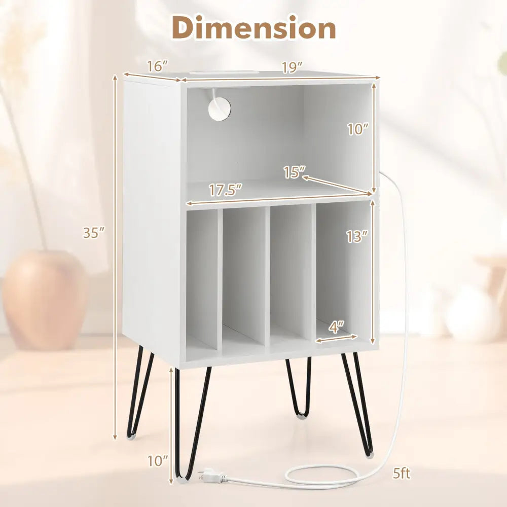 Record Player Stand with Charging Station for Living Room Bedroom-White - White - End & Side Tables
