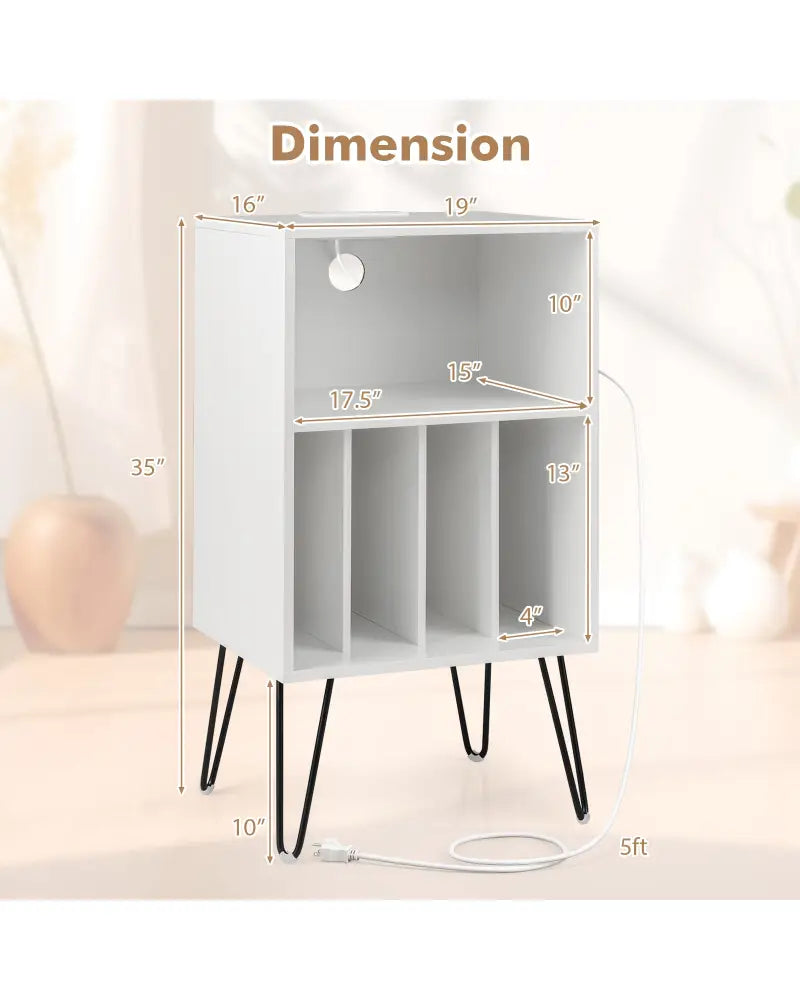 Record Player Stand with Charging Station for Living Room Bedroom-White - White - End & Side Tables