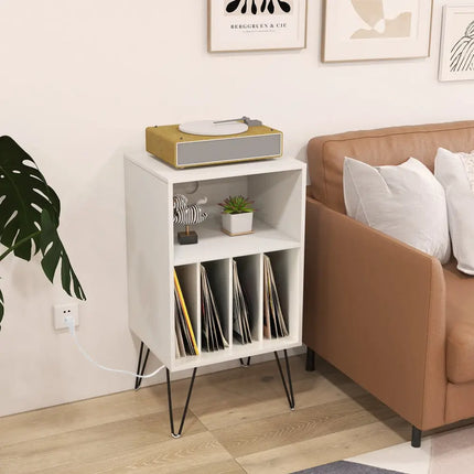 Record Player Stand with Charging Station for Living Room Bedroom-White - White - End & Side Tables