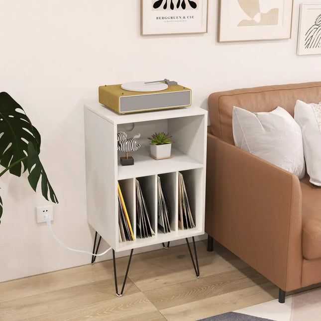 Record Player Stand with Charging Station for Living Room Bedroom-White - White - End & Side Tables