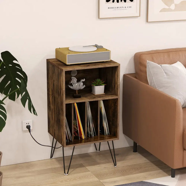 Record Player Stand with Charging Station for Living Room Bedroom-Rustic Brown - Rustic Brown - End & Side Tables