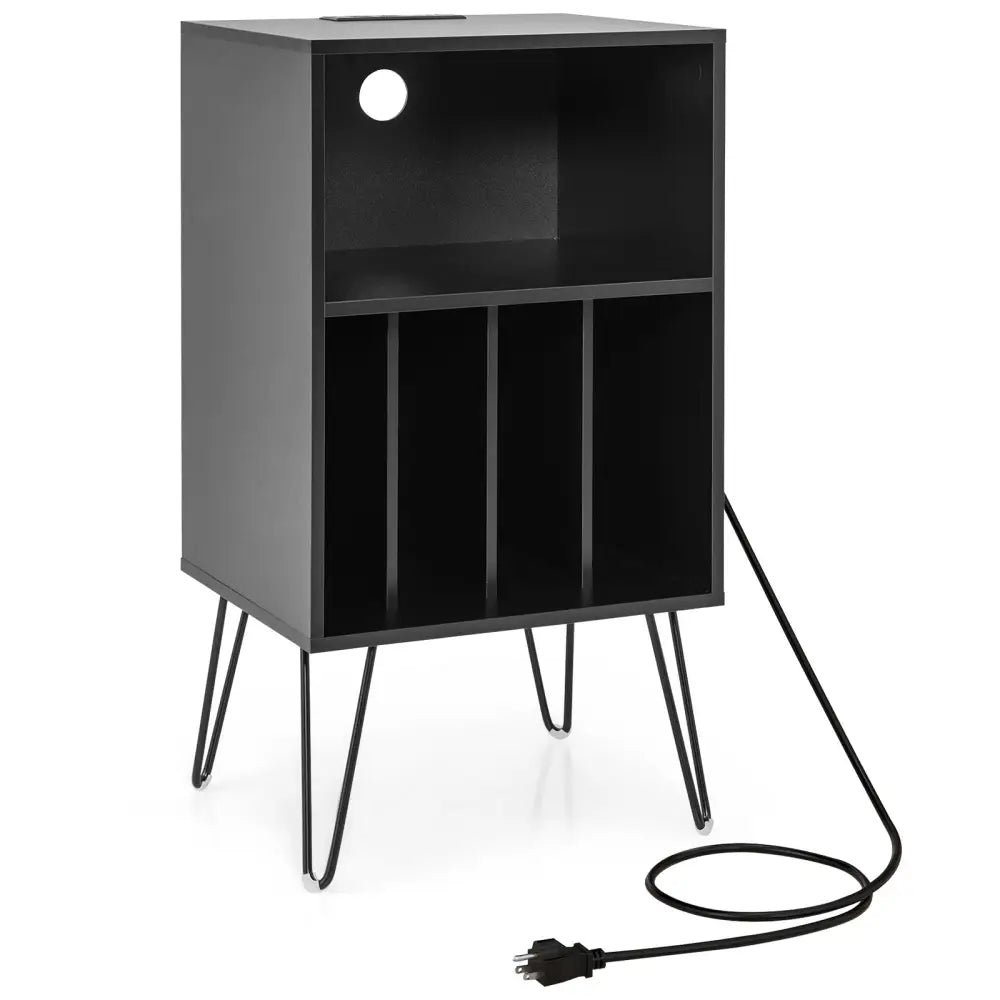Record Player Stand with Charging Station for Living Room Bedroom-Black - Black - End & Side Tables