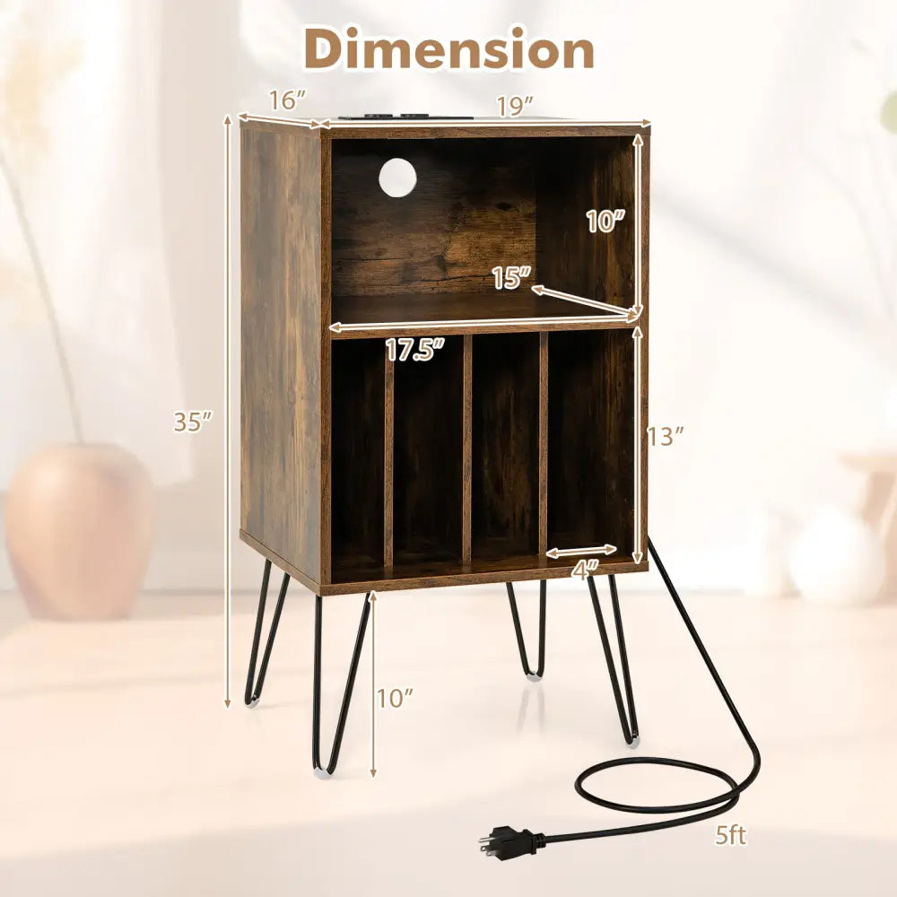 Record Player Stand with Charging Station for Living Room Bedroom-Rustic Brown - Rustic Brown - End & Side Tables