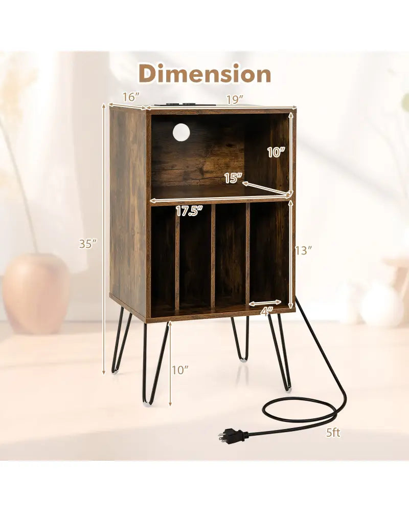 Record Player Stand with Charging Station for Living Room Bedroom-Rustic Brown - Rustic Brown - End & Side Tables