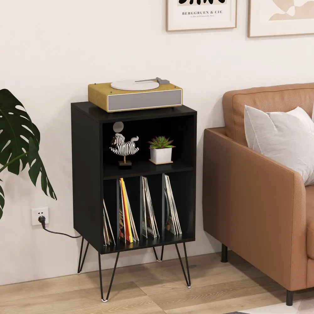 Record Player Stand with Charging Station for Living Room Bedroom-Black - Black - End & Side Tables