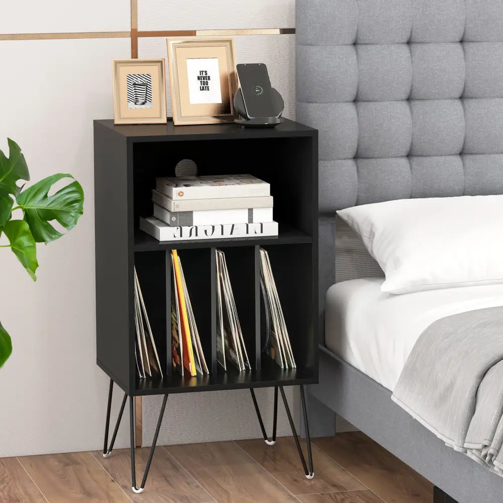 Record Player Stand with Charging Station for Living Room Bedroom-Black - Black - End & Side Tables