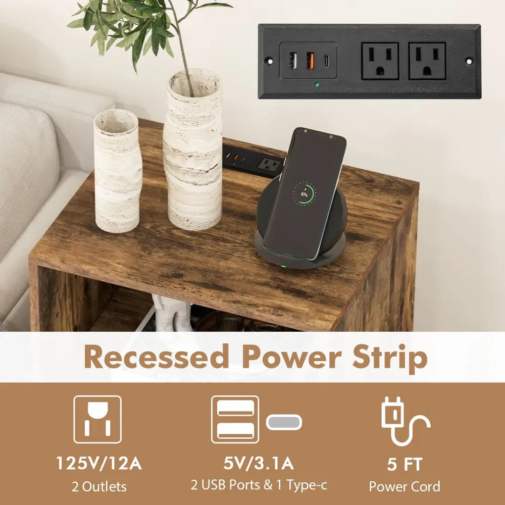 Record Player Stand with Charging Station for Living Room Bedroom-Rustic Brown - Rustic Brown - End & Side Tables