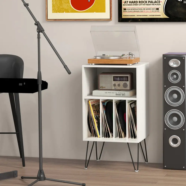 Record Player Stand with Charging Station for Living Room Bedroom-White - White - End & Side Tables