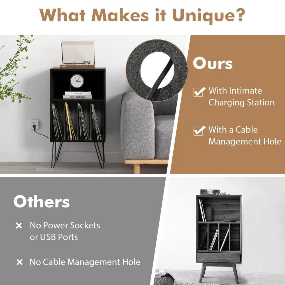 Record Player Stand with Charging Station for Living Room Bedroom-Black - Black - End & Side Tables