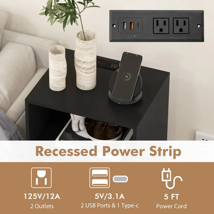 Record Player Stand with Charging Station for Living Room Bedroom-Black - Black - End & Side Tables