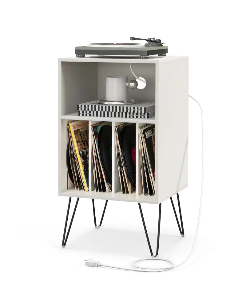 Record Player Stand with Charging Station for Living Room Bedroom-White - White - End & Side Tables