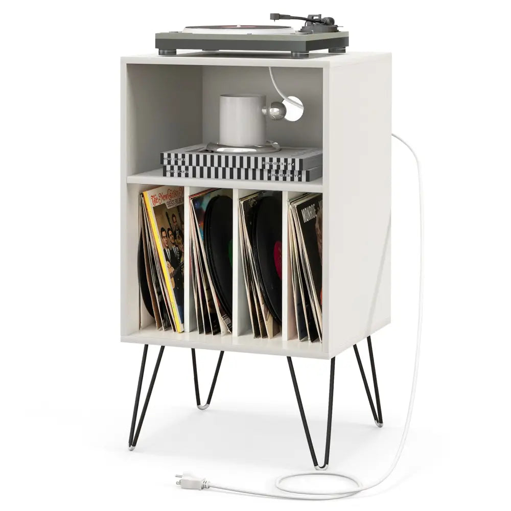 Record Player Stand with Charging Station for Living Room Bedroom-White - White - End & Side Tables