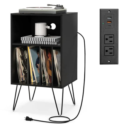 Record Player Stand with Charging Station for Living Room Bedroom-Black - Black - End & Side Tables