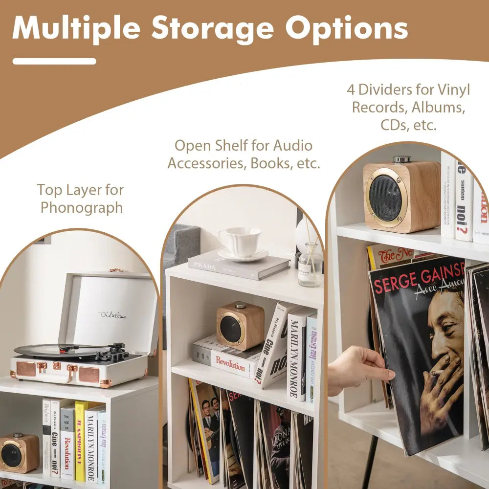 Record Player Stand with Charging Station for Living Room Bedroom-White - White - End & Side Tables