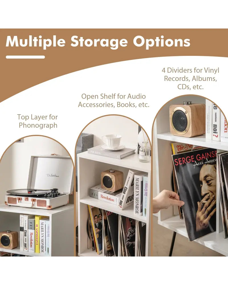 Record Player Stand with Charging Station for Living Room Bedroom-White - White - End & Side Tables