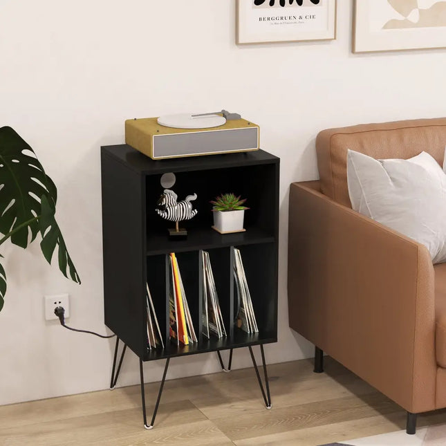 Record Player Stand with Charging Station for Living Room Bedroom-Black - Black - End & Side Tables