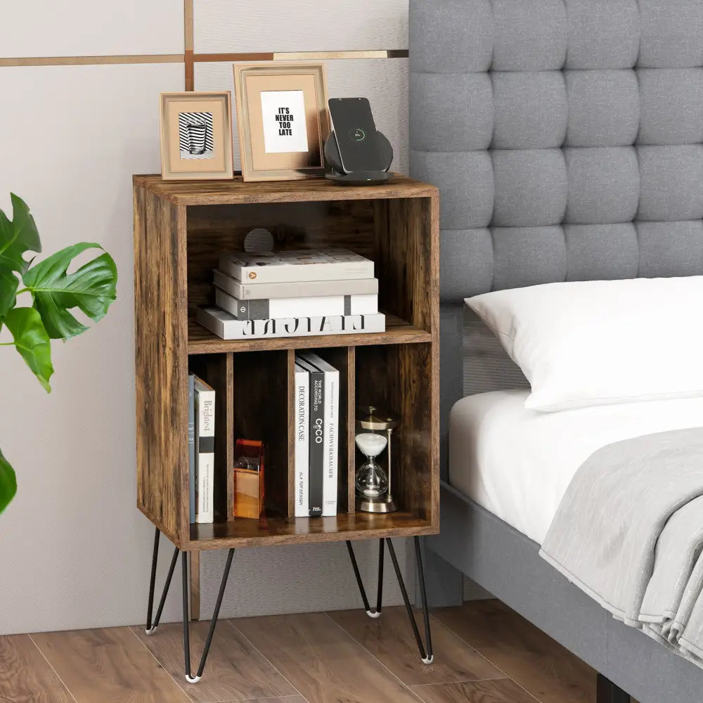 Record Player Stand with Charging Station for Living Room Bedroom-Rustic Brown - Rustic Brown - End & Side Tables