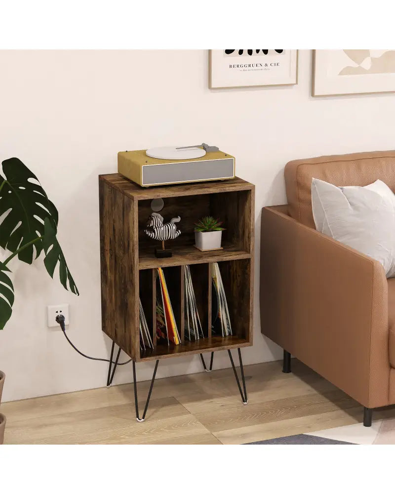 Record Player Stand with Charging Station for Living Room Bedroom-Rustic Brown - Rustic Brown - End & Side Tables