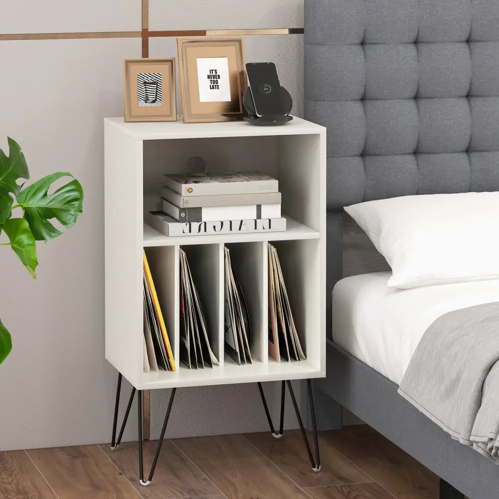 Record Player Stand with Charging Station for Living Room Bedroom-White - White - End & Side Tables