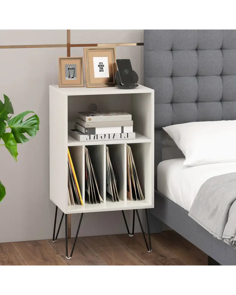 Record Player Stand with Charging Station for Living Room Bedroom-White - White - End & Side Tables