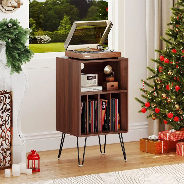 Record Player Stand with Charging Station Turntable Stand with Vinyl Storage-Walnut - Walnut - End & Side Tables