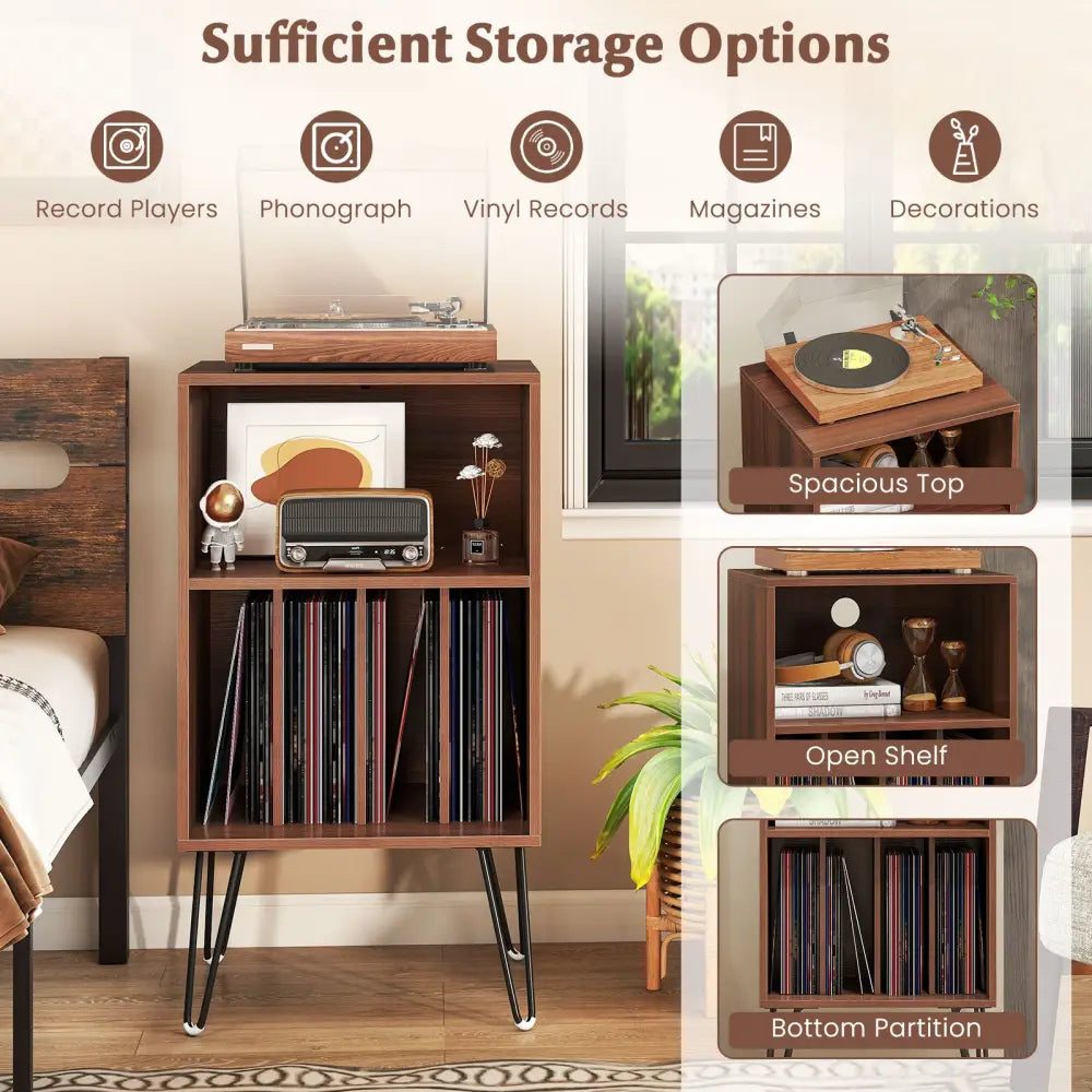 Record Player Stand with Charging Station Turntable Stand with Vinyl Storage-Walnut - Walnut - End & Side Tables