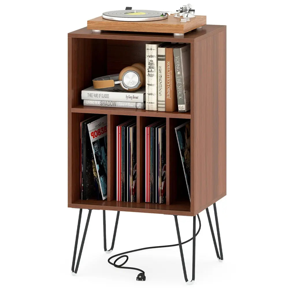 Record Player Stand with Charging Station Turntable Stand with Vinyl Storage-Walnut - Walnut - End & Side Tables