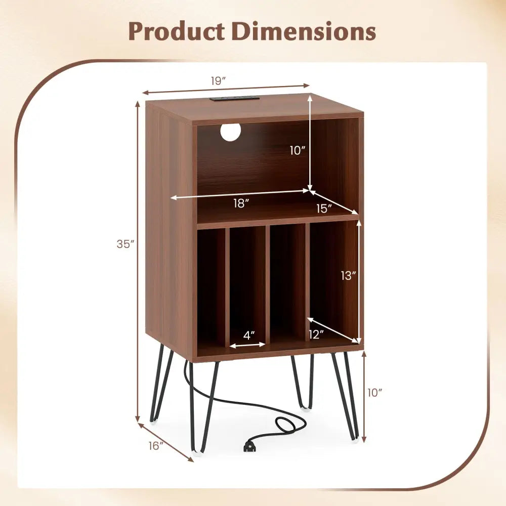 Record Player Stand with Charging Station Turntable Stand with Vinyl Storage-Walnut - Walnut - End & Side Tables
