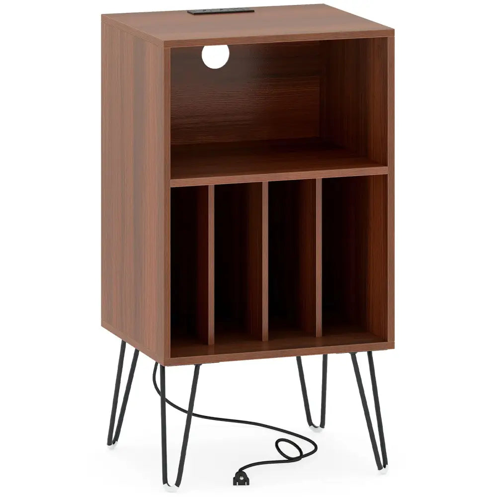 Record Player Stand with Charging Station Turntable Stand with Vinyl Storage-Walnut - Walnut - End & Side Tables