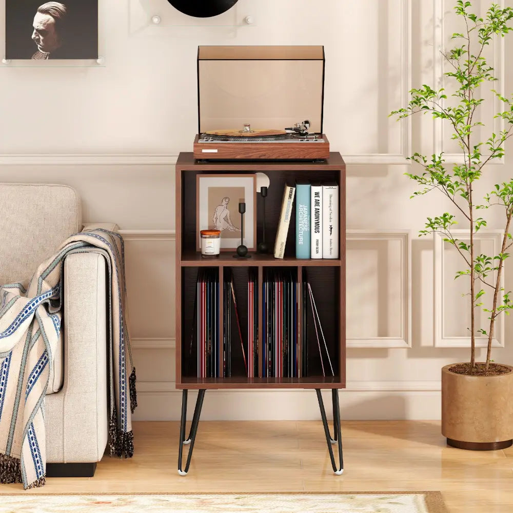 Record Player Stand with Charging Station Turntable Stand with Vinyl Storage-Walnut - Walnut - End & Side Tables