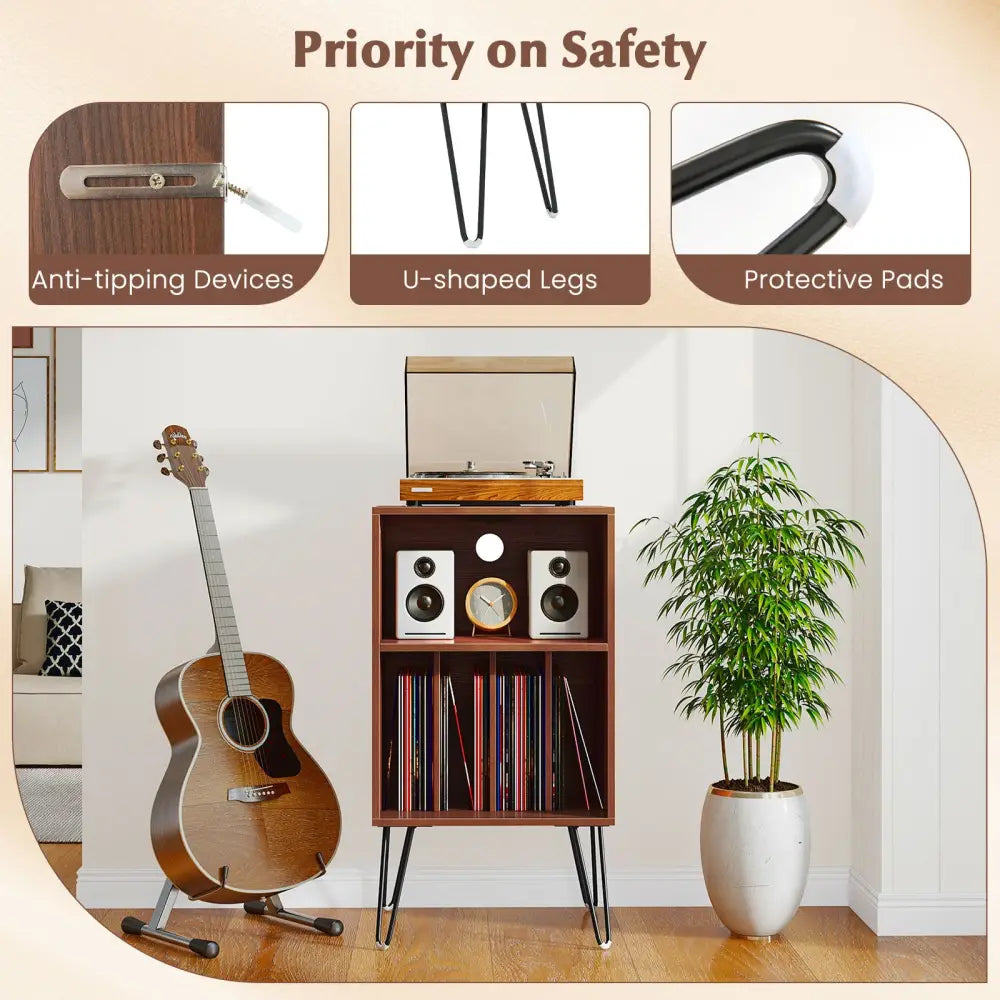 Record Player Stand with Charging Station Turntable Stand with Vinyl Storage-Walnut - Walnut - End & Side Tables