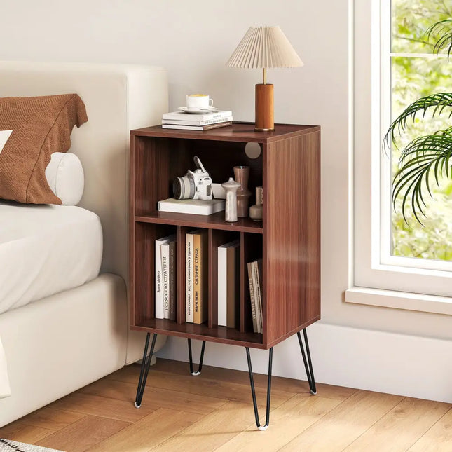 Record Player Stand with Charging Station Turntable Stand with Vinyl Storage-Walnut - Walnut - End & Side Tables
