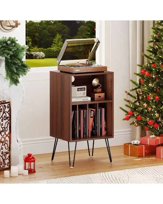 Record Player Stand with Charging Station Turntable Stand with Vinyl Storage-Walnut - Walnut - End & Side Tables