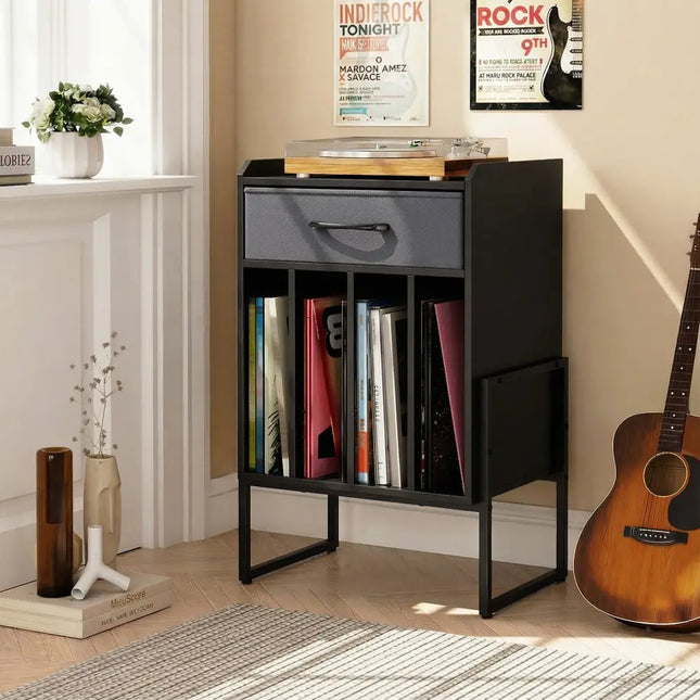 Record Player Stand with Drawer and Record Holder-Black - Black - End & Side Tables