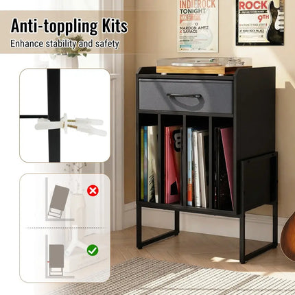 Record Player Stand with Drawer and Record Holder-Black - Black - End & Side Tables