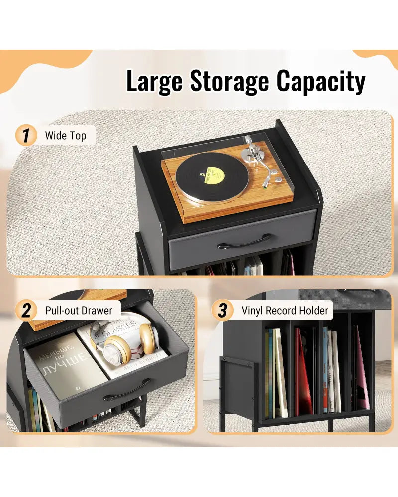 Record Player Stand with Drawer and Record Holder-Black - Black - End & Side Tables
