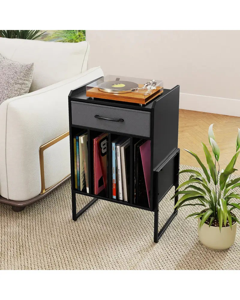 Record Player Stand with Drawer and Record Holder-Black - Black - End & Side Tables