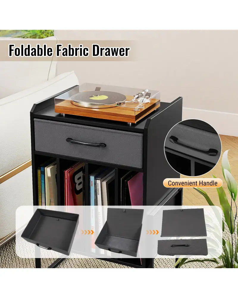 Record Player Stand with Drawer and Record Holder-Black - Black - End & Side Tables