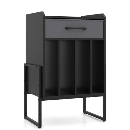 Record Player Stand with Drawer and Record Holder-Black - Black - End & Side Tables