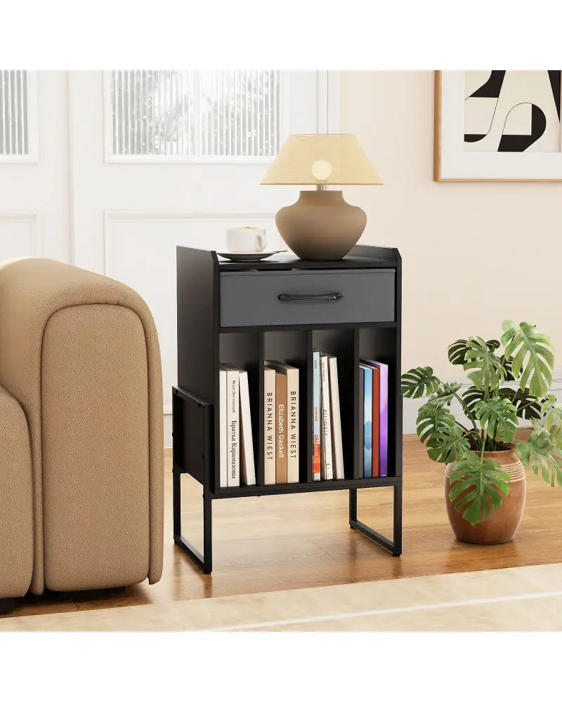 Record Player Stand with Drawer and Record Holder-Black - Black - End & Side Tables