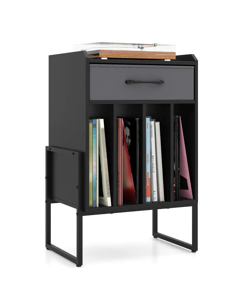 Record Player Stand with Drawer and Record Holder-Black - Black - End & Side Tables