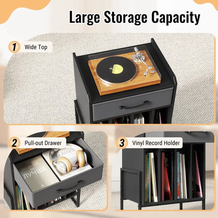 Record Player Stand with Drawer and Record Holder-Black - Black - End & Side Tables