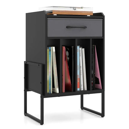 Record Player Stand with Drawer and Record Holder-Black - Black - End & Side Tables